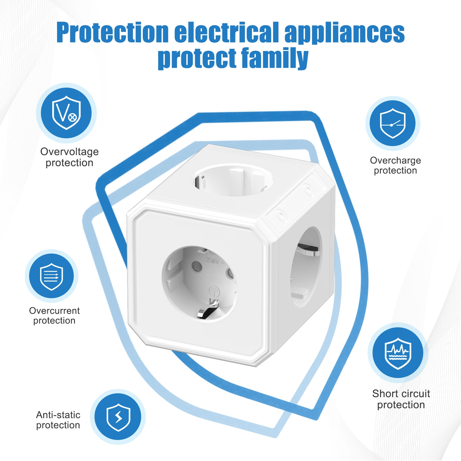 Eu Plug Wall Power Board 5 AC sockets Multi-outlet expansion adapter 250V 16A 4000W White suitable for home office or travel