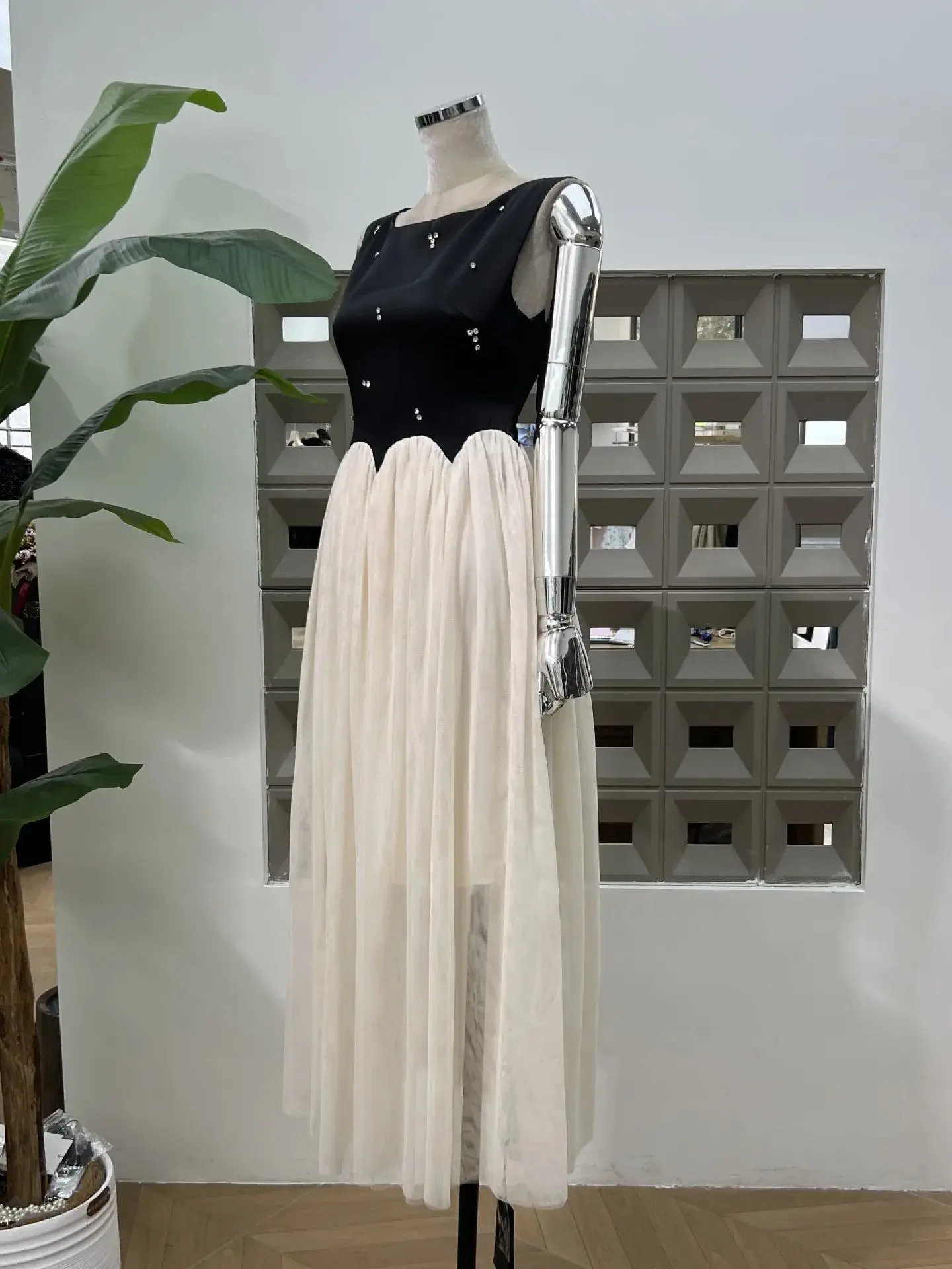Neue Vintage-Midikleider für Damen, Farbblock-Mesh, ärmellos, quadratischer Ausschnitt, Strass, Party, formelles Abendkleid, Abschlussball, elegantes Kleid