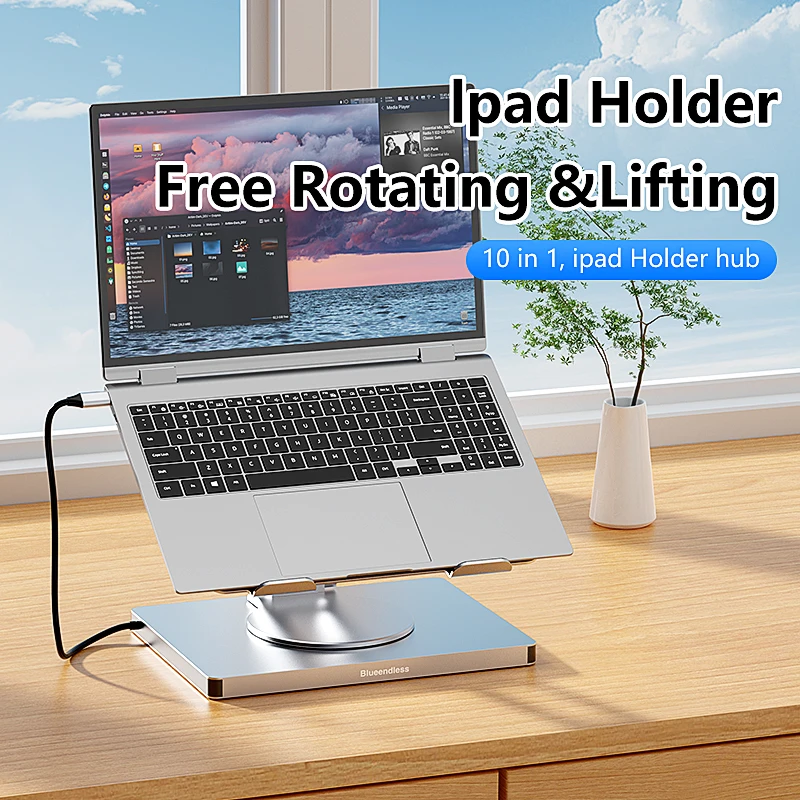 Blueendless Aluminum ipad Holder 10 in1 docking ports hub 4K 60Hz Type C Adapter USB3.0 5Gbps 100W PD Charger For Laptop desktop