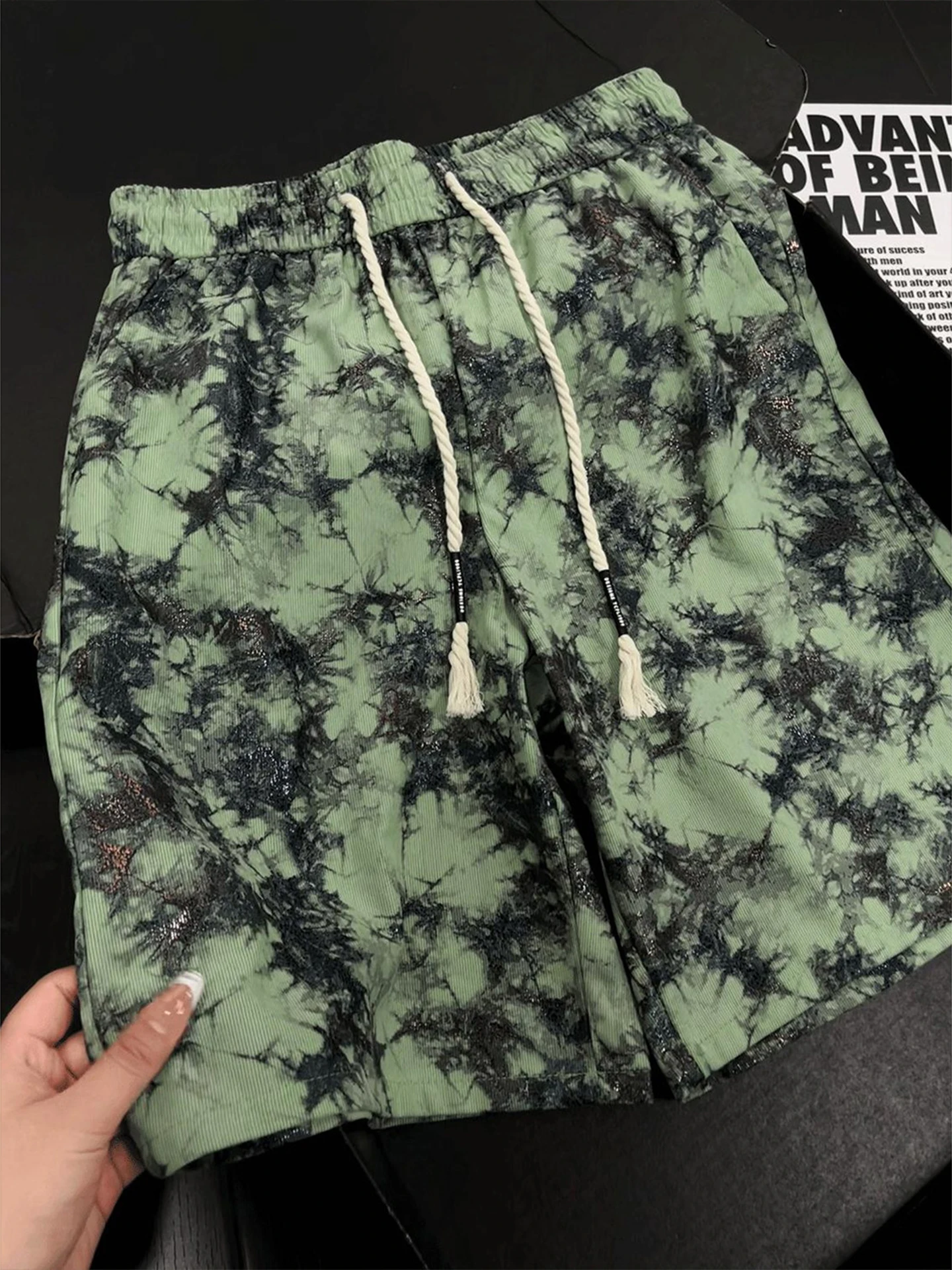 Green Dyed Print Shorts Men's Summer Thin Fitness Sports Training Loose Casual Beachwear Straight Leg Teenager's Workout Pants