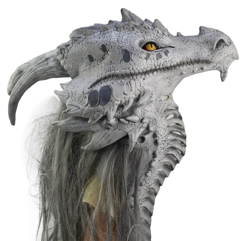 Full Head Dragon Mask with Hair Latex Animal Head Mask Creepy Prank Mask Costume for Halloween Party Cosplay Props