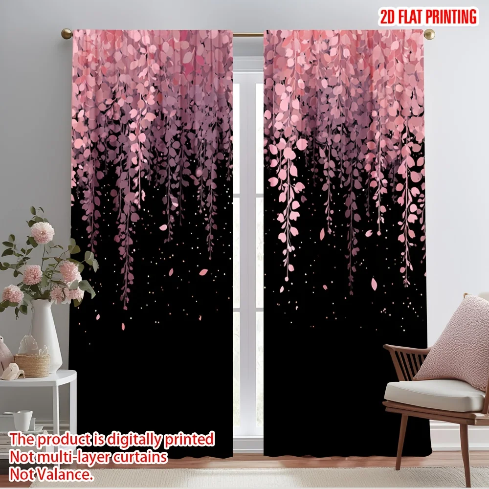 2pcs Pink Purple Hanging Leaf Starry Curtains Blackout Drapes for Bedroom Romantic Decor Botanical Night Print Window Treatment