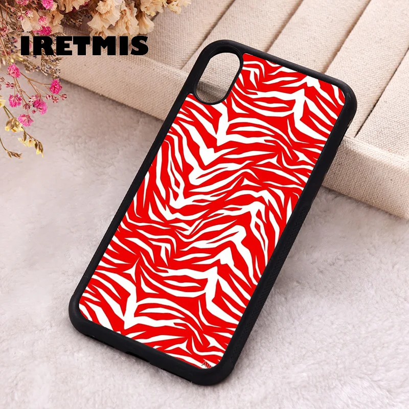 Iretmis Phone Cover Case For iPhone X XS Max XR 11 12 13 PRO MINI 14 15 16 Plus Rubber Red White Tiger Stripe Print Pattern