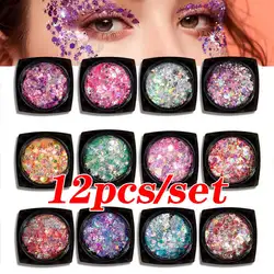 6/12pcs/set Body/Face/Eye Makeup Glitter Gel Eyeshadow Cream Star/Moon/Hexagon Nail Sequins Gel For Halloween Party Makeup YTR6#