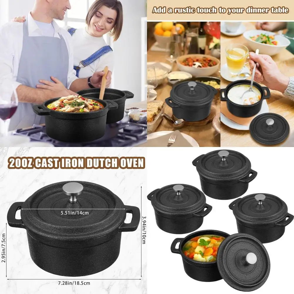 

20 oz Mini Round Cast Iron Cocotte Pot with Lid and Dual Handles for Stovetop, Baking, and Grilling