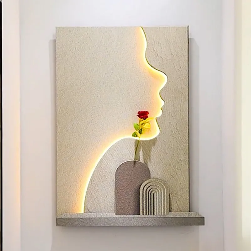 Bedroom cream mural, high-end three-dimensional sandstone, living room, illuminated decorative lights, entrance style