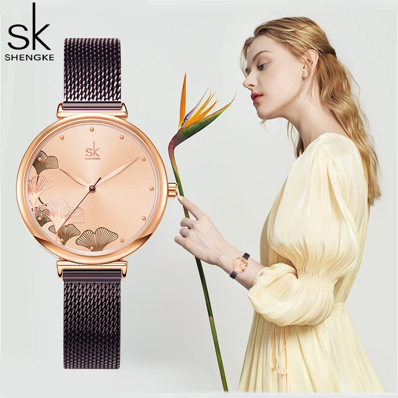 Relojes Shengke de diseño Original para mujer, relojes de pulsera de cuarzo a la moda con trébol de la suerte para mujer, reloj femenino elegante de lujo superior