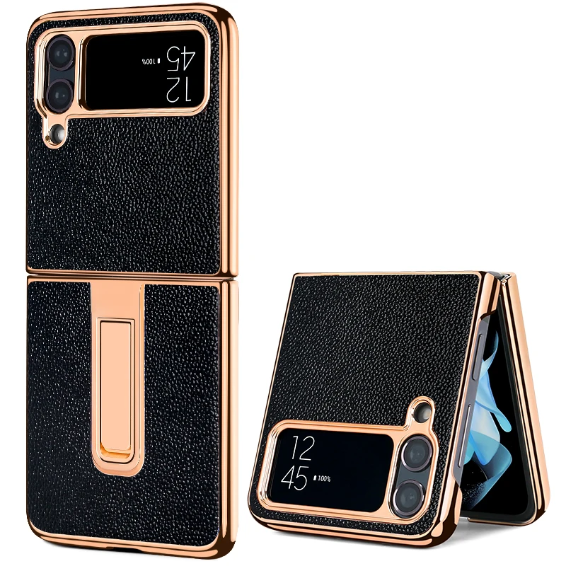 Vietao-Z Flip 5 Luxury Leather Cover with Hidden Bracket, Golden Plated Mobile Phone Case, Samsung Galaxy Z Flip 3 5G 4 5