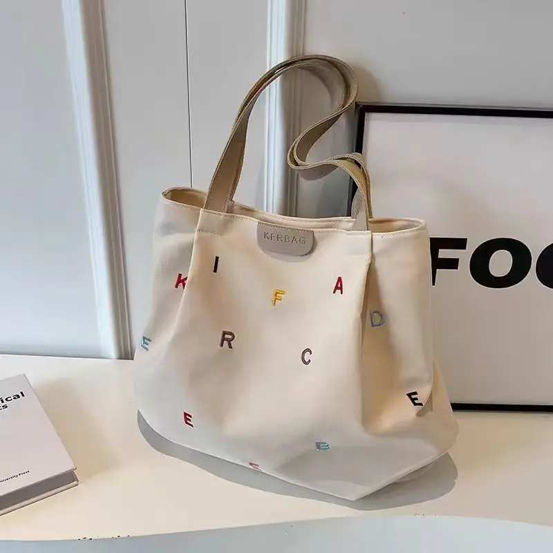 Large Capacity Tote Bag Women Oxford Canvas Shoulder Handbag Commute Embroidered Letter College Student Book Organizer