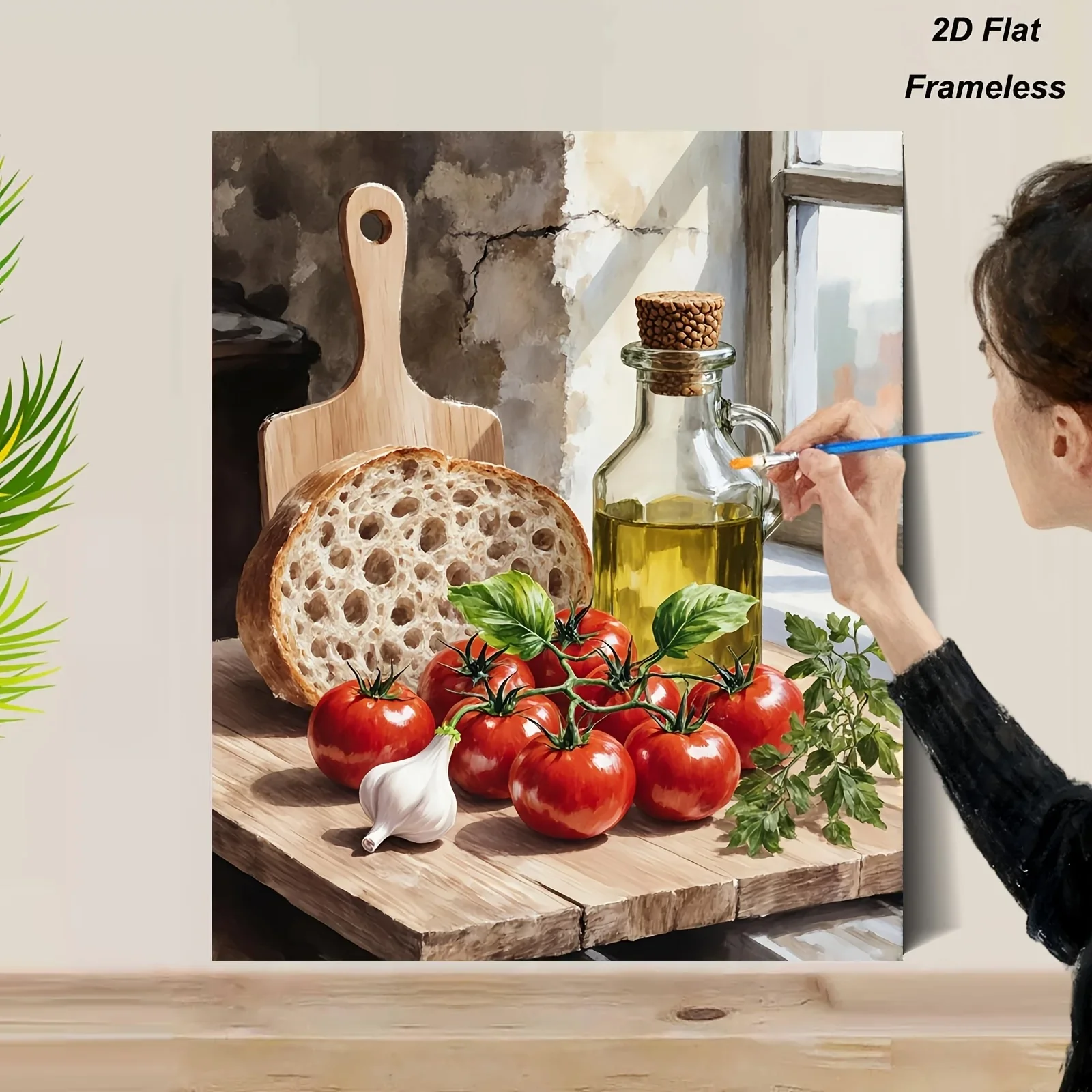 [2D Flat Frameless][Professional Art Use] 1pc Beginner DIY Adult Paint by Numbers Kit, Bread, Tomatoes, Olive Oil, and Herbs on
