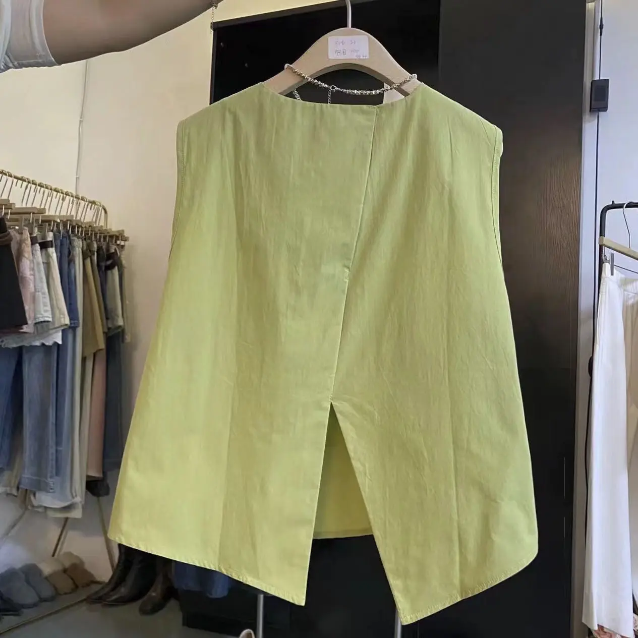 Korean Loose Fit Round Neck Sleeveless Vest 2025 Summer Women's Pure Top Split at Back Shirt