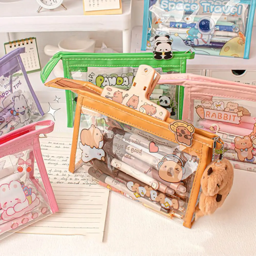 Triangle Capybara Pencil Case Panda PVC Stationery Storage Pouch Transparent Window Large Capacity Stationery Organizer