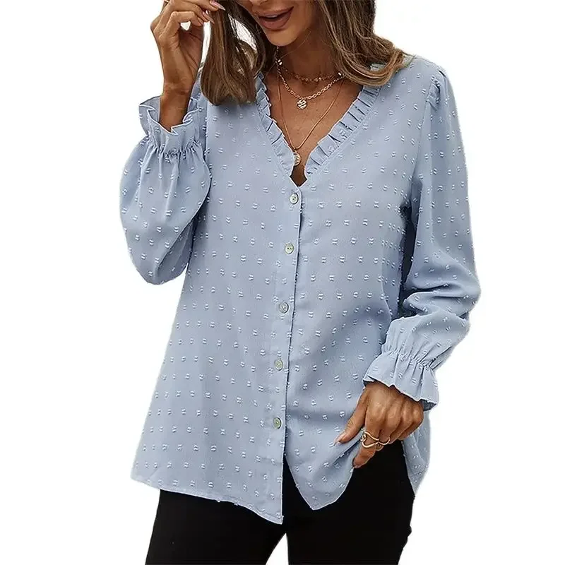 

Elegant Solid Color Jacquard Chiffon Shirt Women Single-breasted Cardigan V Neck Blouse Sweet Style Casual Commuter Female Tops