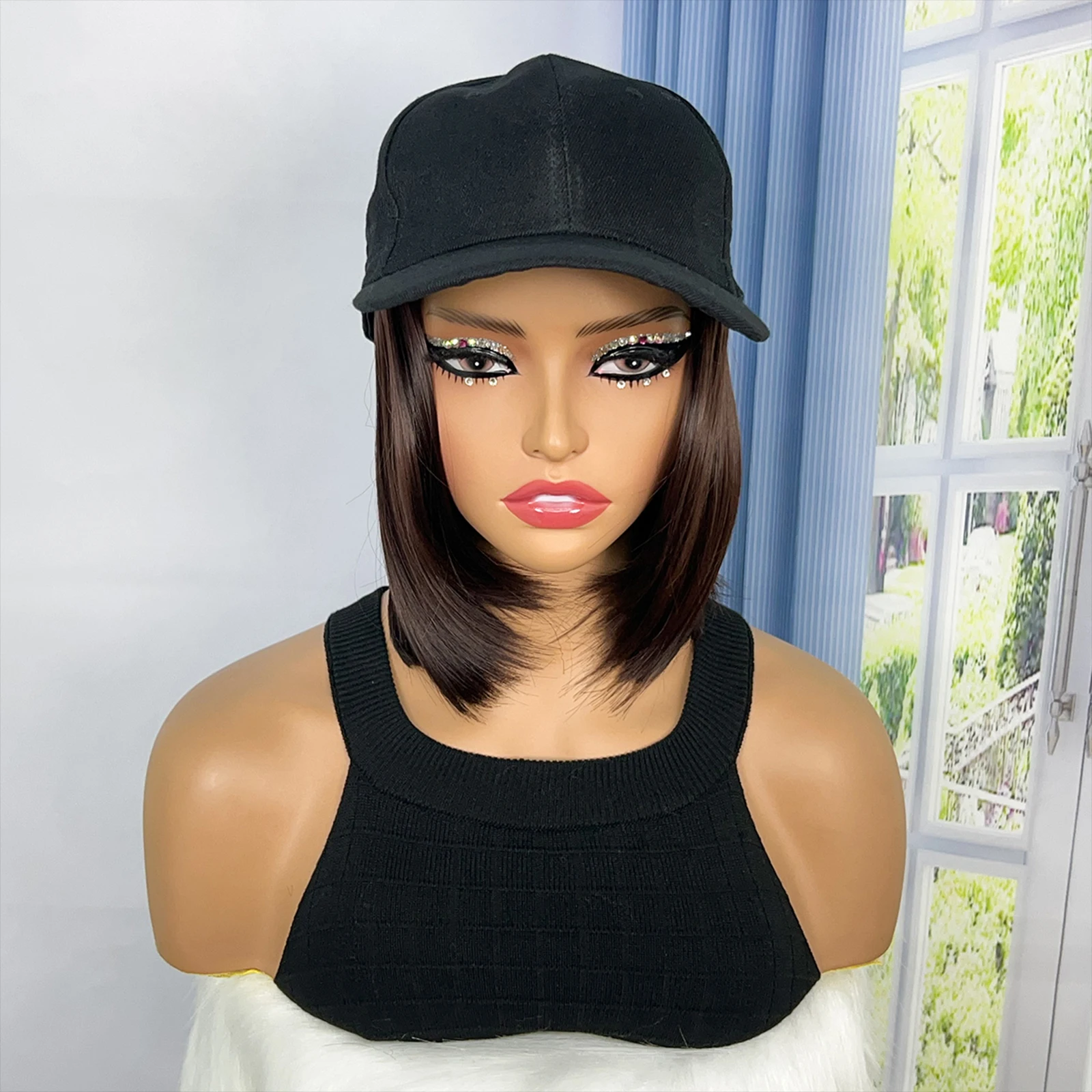 Brown Synthetic 8 inch Baseball Cap Wig Bob Wig Black Hat Wigs Cap With Hair Naturally Connect Bob Hair Baseball Cap Adjustable