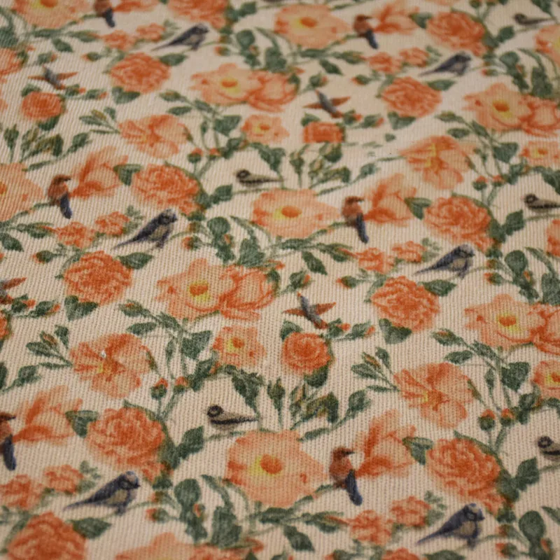 Orange Flower Bird Print Cotton Corduroy Fabric, Dress, Shirt, Coat, Shoe Surface, Autumn, Winter, T1914