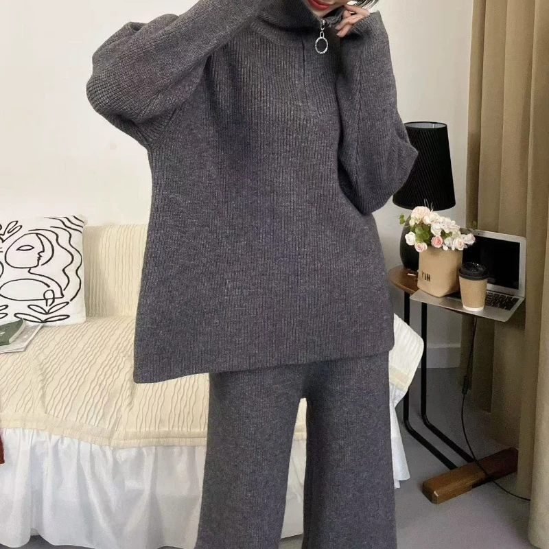 Set da 2 pezzi autunno donna maglione con cerniera top pullover lavorati a maglia a maniche lunghe pantaloni a gamba larga maglione casual da donna abiti invernali