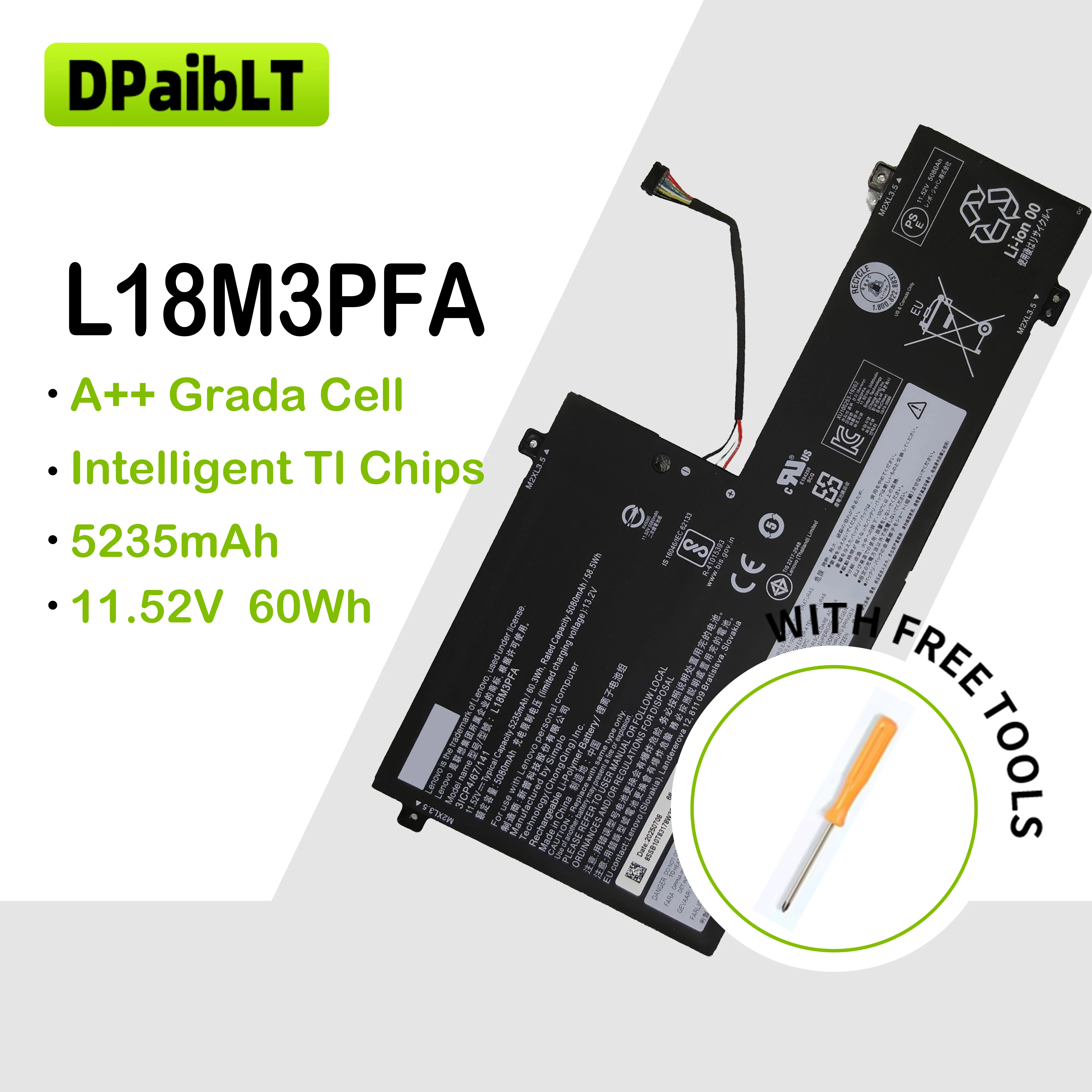 DPaibLT NEW 60Wh 11.52V 5235mAh L18M3PFA L18D3PF2 5B10T83739 LAPTOP BATTERY For Lenovo Yoga C740-15IML C740-15IML-81TD Series