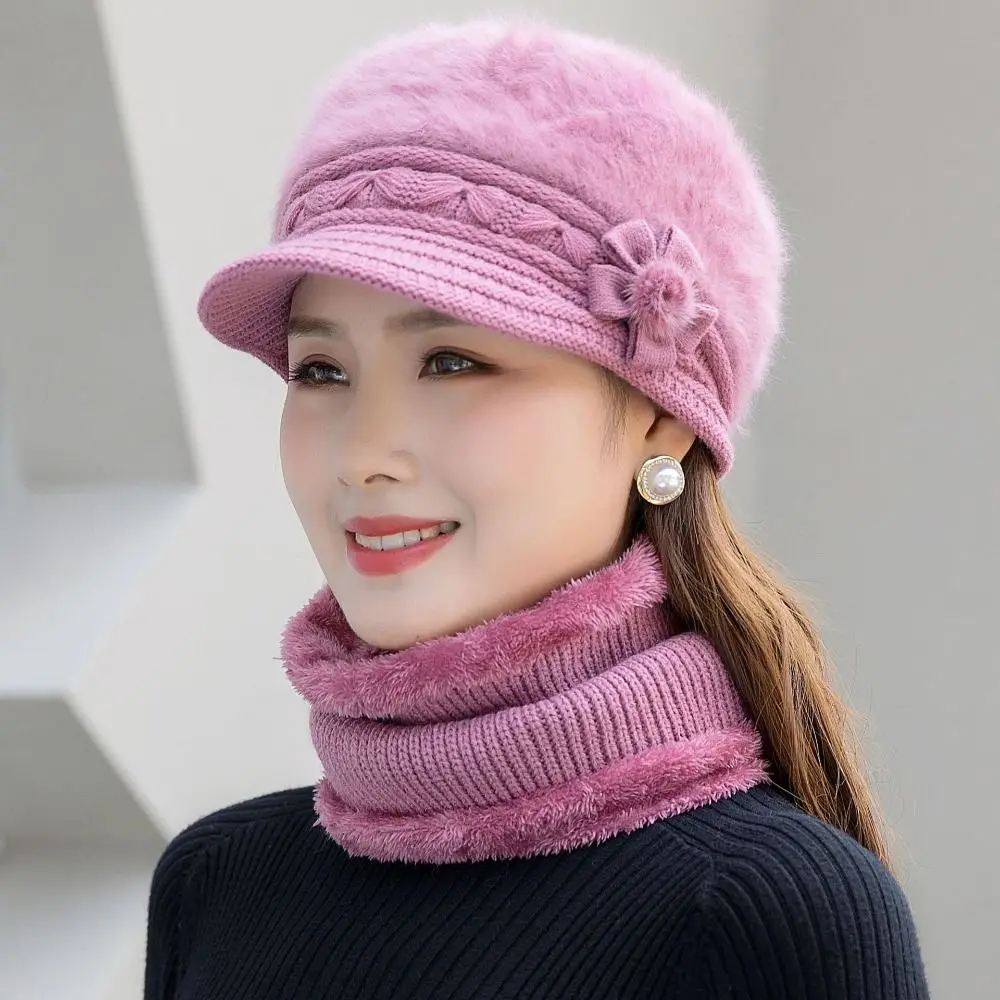 Thick Warm Hat & Scarf Warm Set Faux Fur Add Fur Lined Flower Knitted Hat Windproof Casual Keep Warm Cap