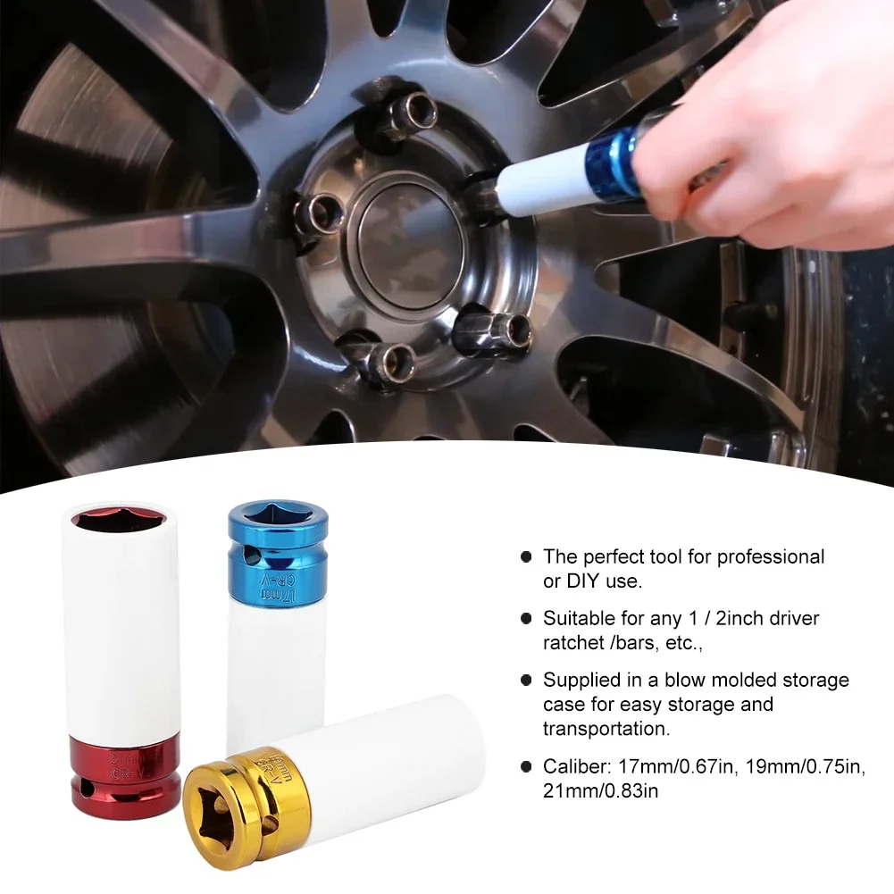 3Pcs Wheel Hub Nut Impact Socket Set 1/2in Drive 17mm/0.67in, 19mm/0.75in, 21mm/0.83in