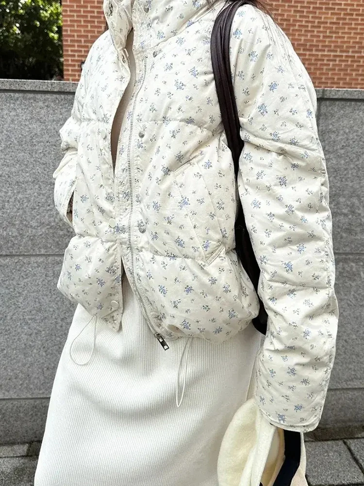 Women Fresh Sweet Ditsy Floral Print Short Padded Jacket Stand Collar Zip Button Loose Coat Casual Winter Daily Street Outerwear
