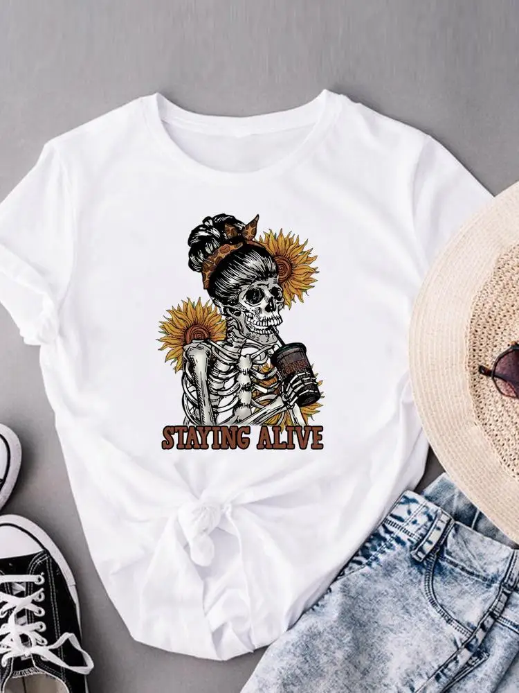 

Fashion Short Sleeve Summer T Clothing Casual Skull Coffee Style Trend T-shirts Clothes Women Female Print Graphic Tee