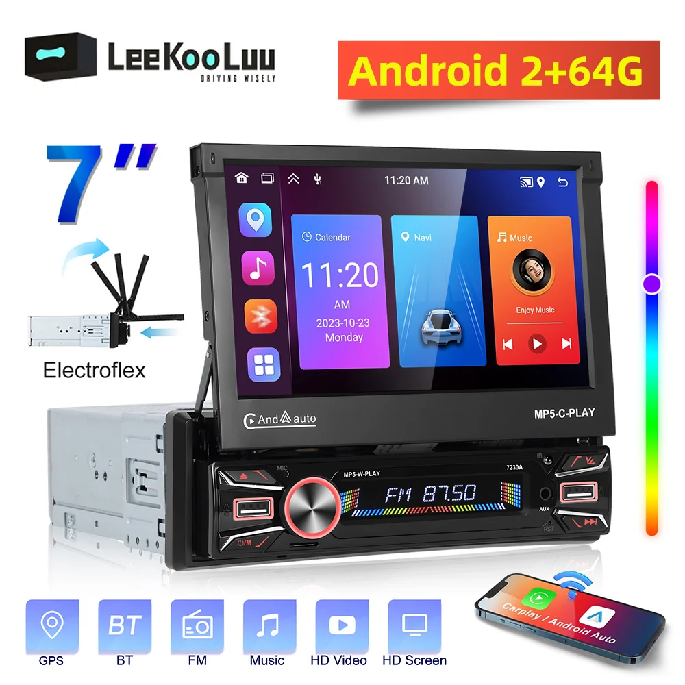 LeeKooLuu 7inch Motorized Retractable Screen Android 13 Car Radio 1 Din Multimedia Player GPS Stereo 2G+64G Carplay Android Auto