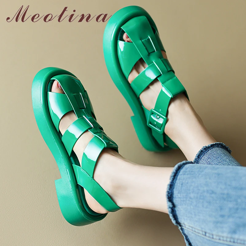 

Meotina Women Genuine Leather Gladiator Sandals Round Toe Flatform T-Tied Flats Buckle Ladies Concise Shoes Summer Green 40