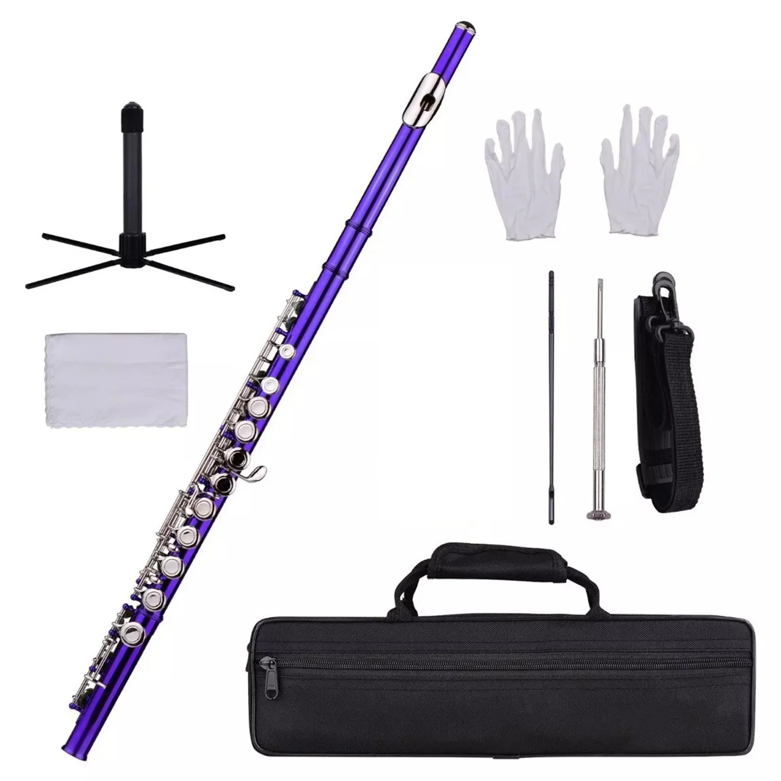 

1 Set C Flute 16-Key Metal Piccolo Instrument For Beginners Kids Teens School Band Practice Concert Music Class Portable Flute