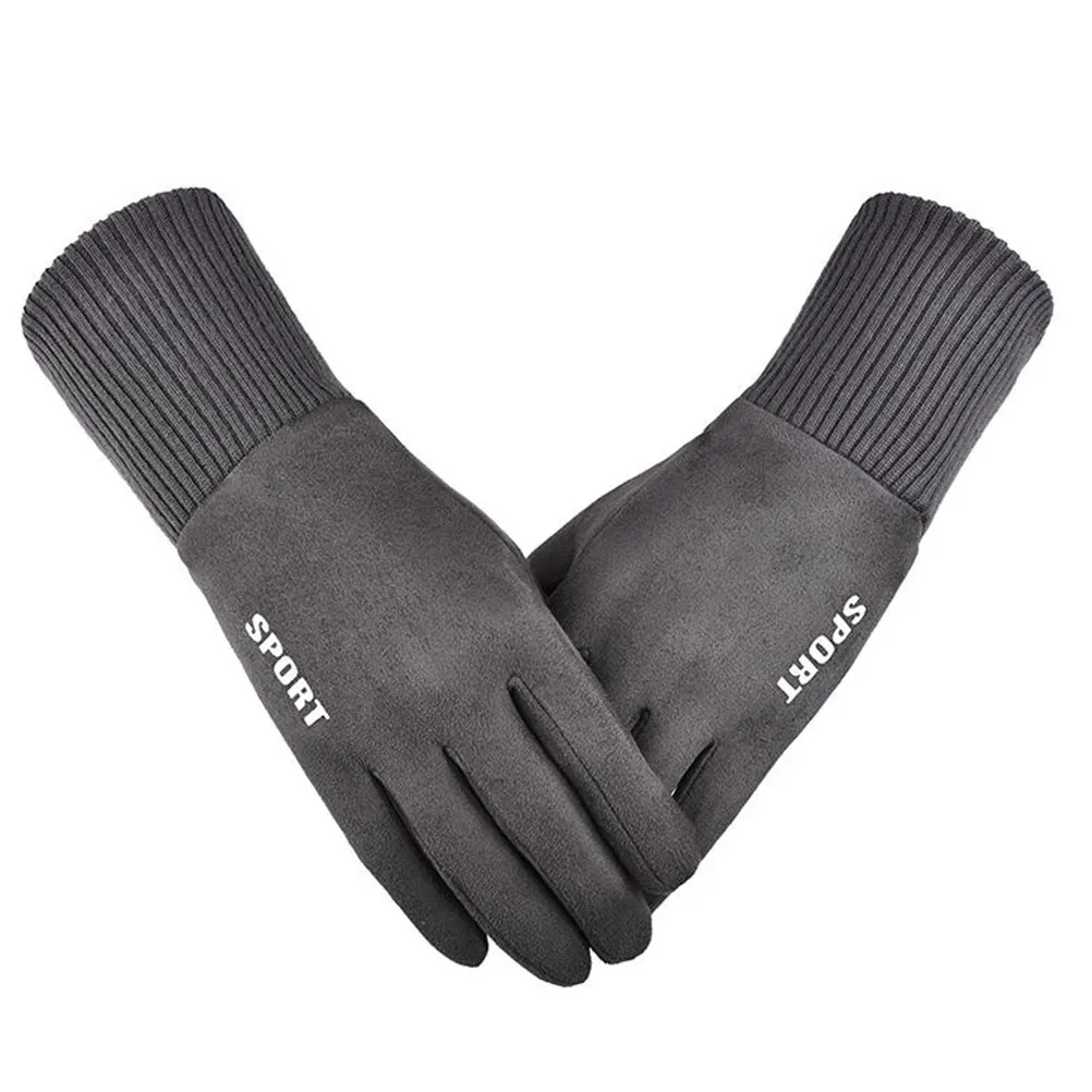 

Outdoor Thicken Windproof Cycling Gloves Free Size Grey Anti-Slip Suede Warm Full Cover Screen Touch Gloves for Hiking Fishing