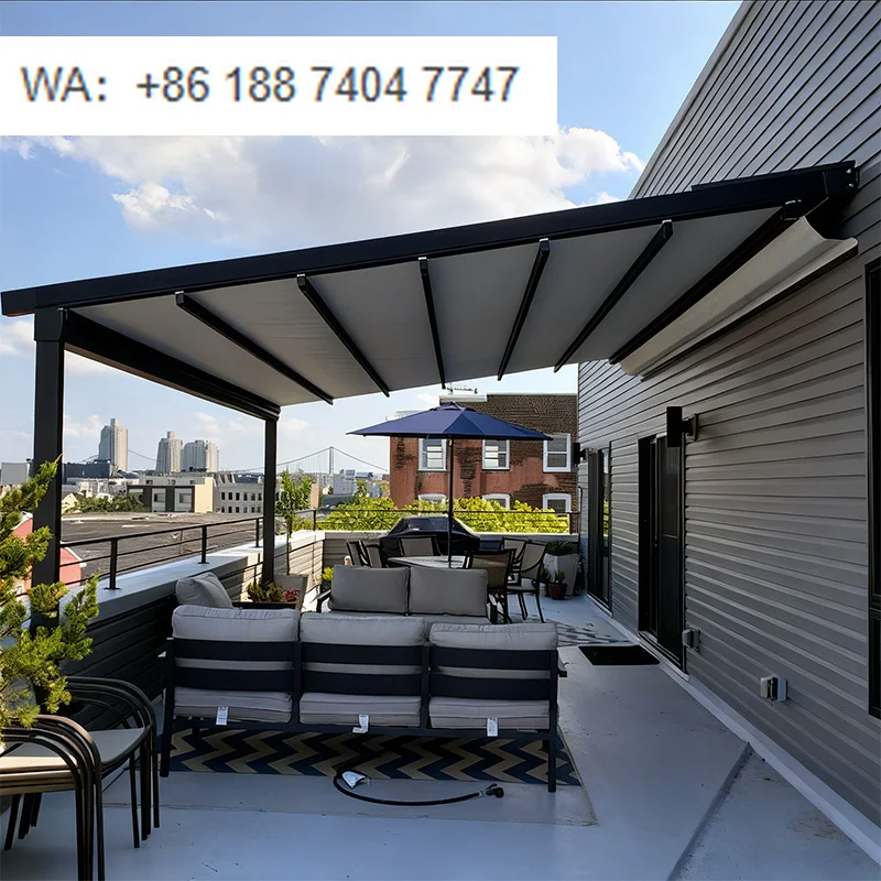 

Outdoor Luxury Pergola Gazebo PVC Fabric Cover Electric Motorized Retractable Roof Waterproof Remote Control Balcony Use