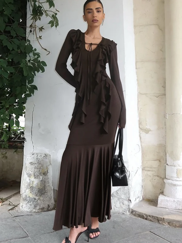 

Tossy Fashionable Ruffled Long Dress Lacing Elegant Long Sleeves Cinched Waist Pleats Party Dress Evening Female Maxi Dress 2025