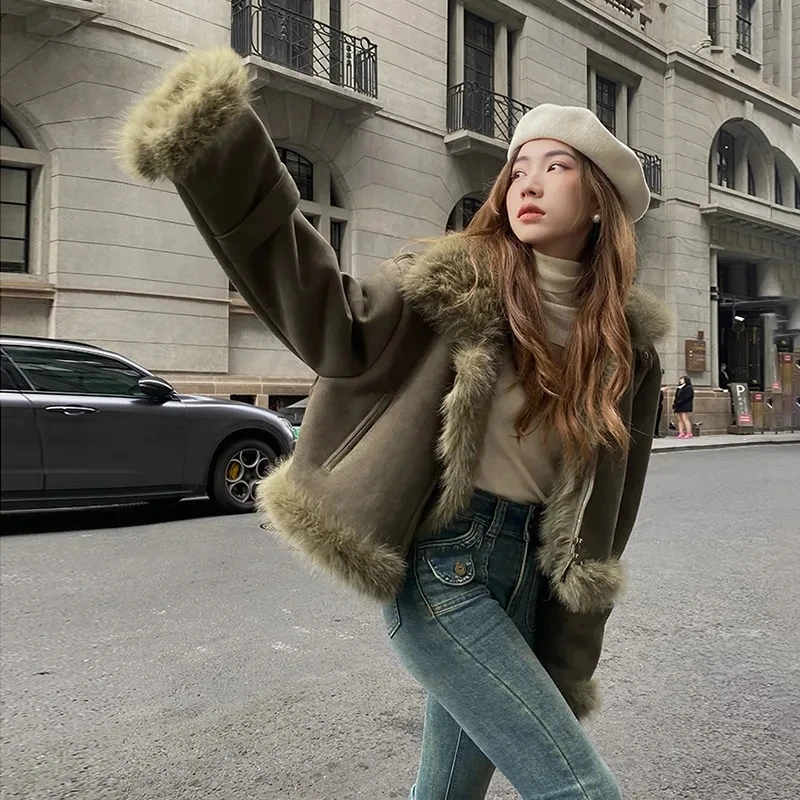 Women\'s Suede Patchwork Short Jacket 2023 Winter Korean Style Long Sleeve Tops Female Solid Thick Warm Coats