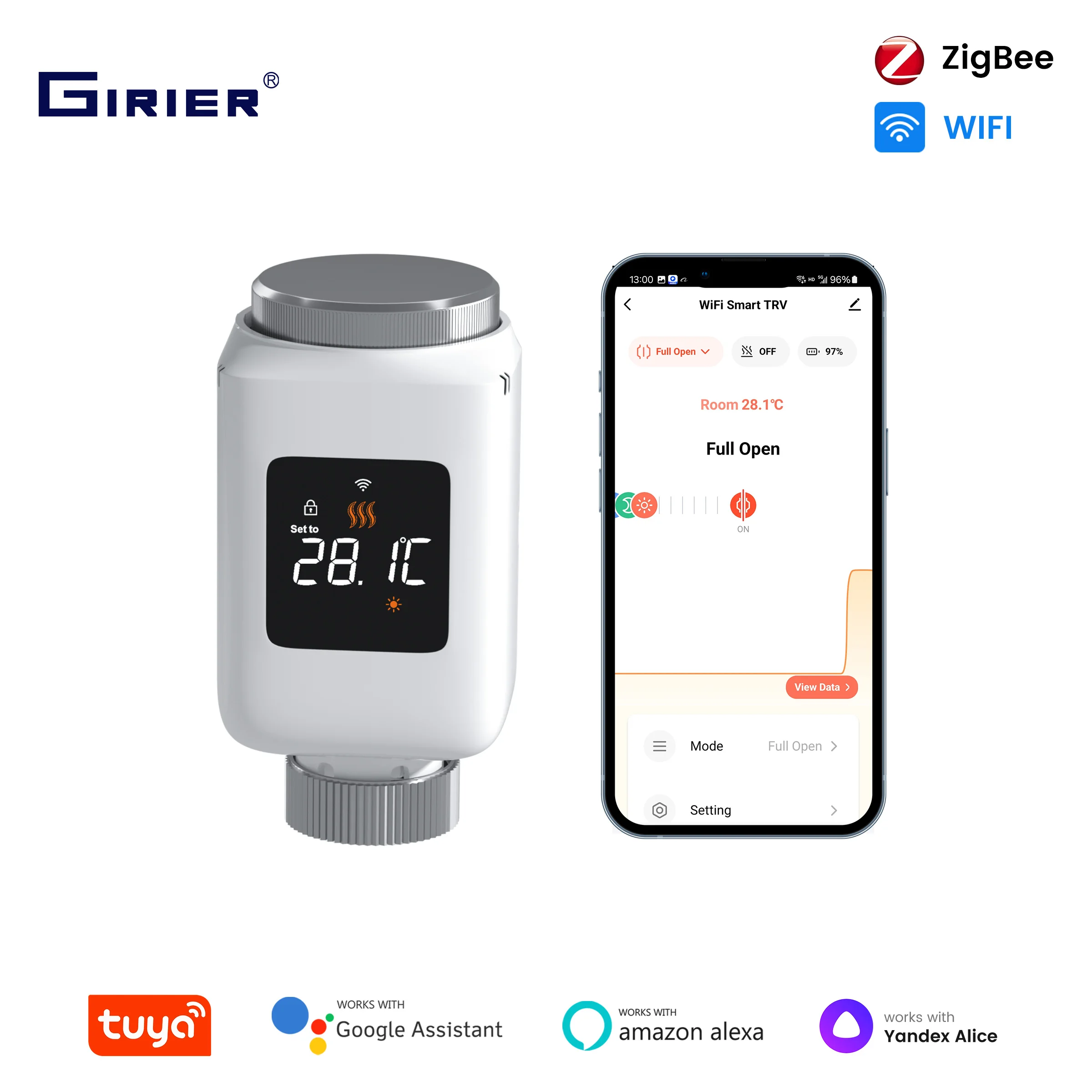 

GIRIER Tuya ZigBee умный термостатический радиаторный клапан Wi-Fi TRV программируемый термостат радиатор, совместимый с Alexa Hey Google