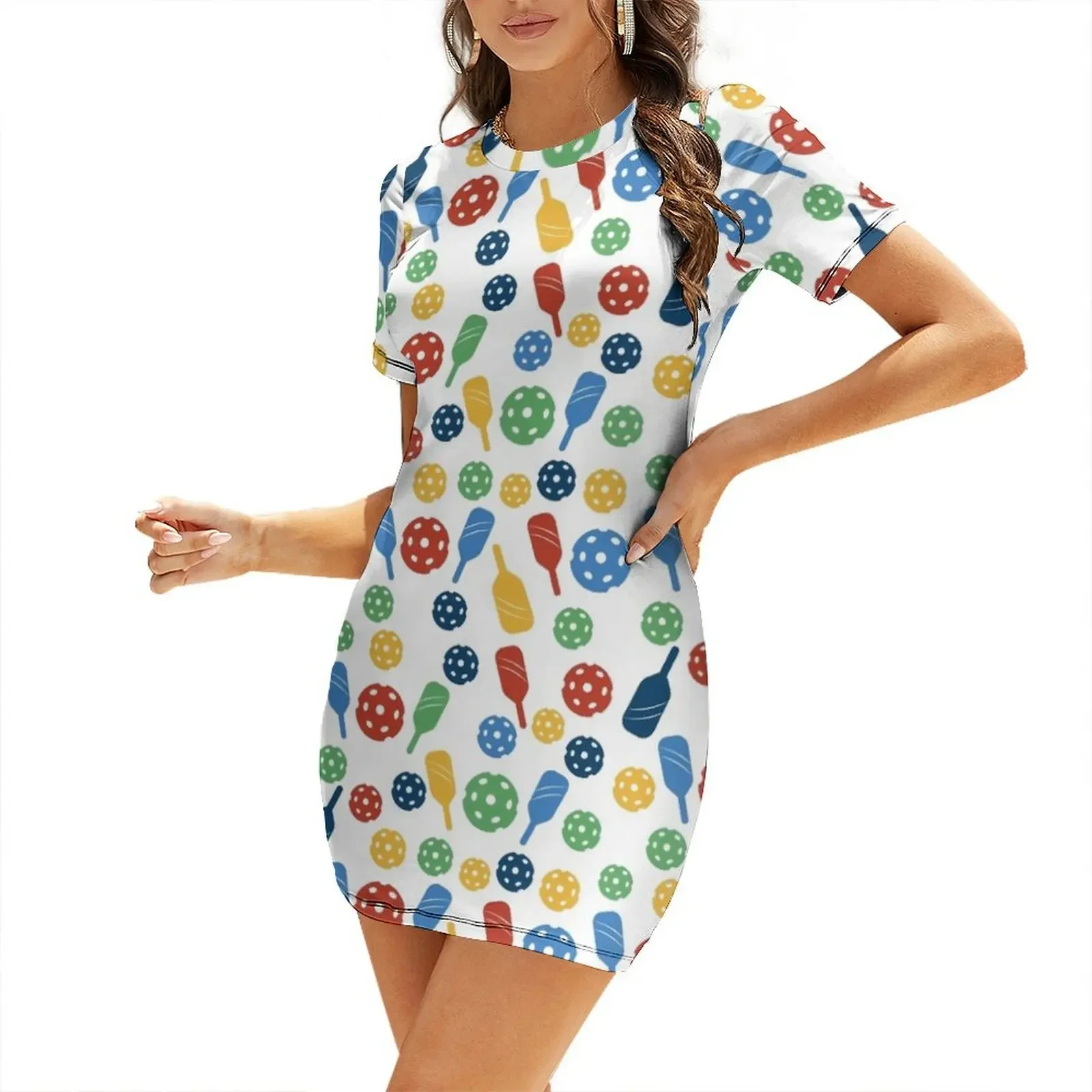Colorful Pickle-ball Paddle Pattern Short-Sleeved Dress Party dresses women dresses