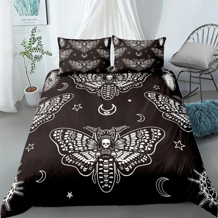 Black Death Moth Bedding Set Gothic Skull Duvet Cover Set Butterfly Bedclothes 2/3pcs Moon Stars Luxury Home Textiles