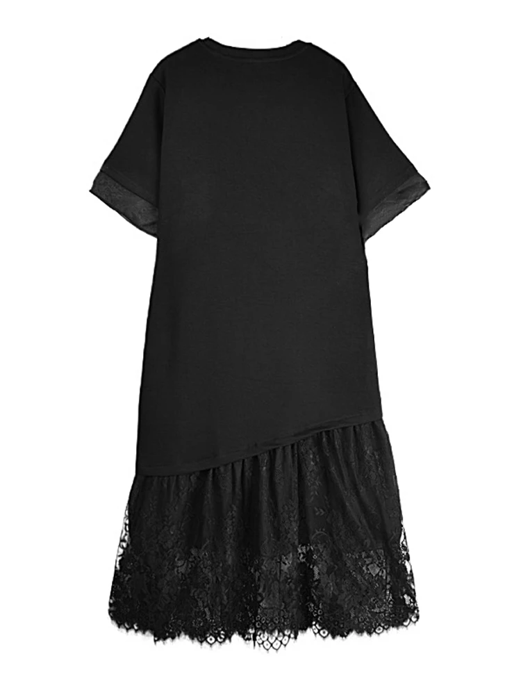 XITAO Black Casual Dress Loose Fashion Lace Patchwork Hem Loose Simplicity Women Short Sleeve Dress 2024 Summer New HQQ2330