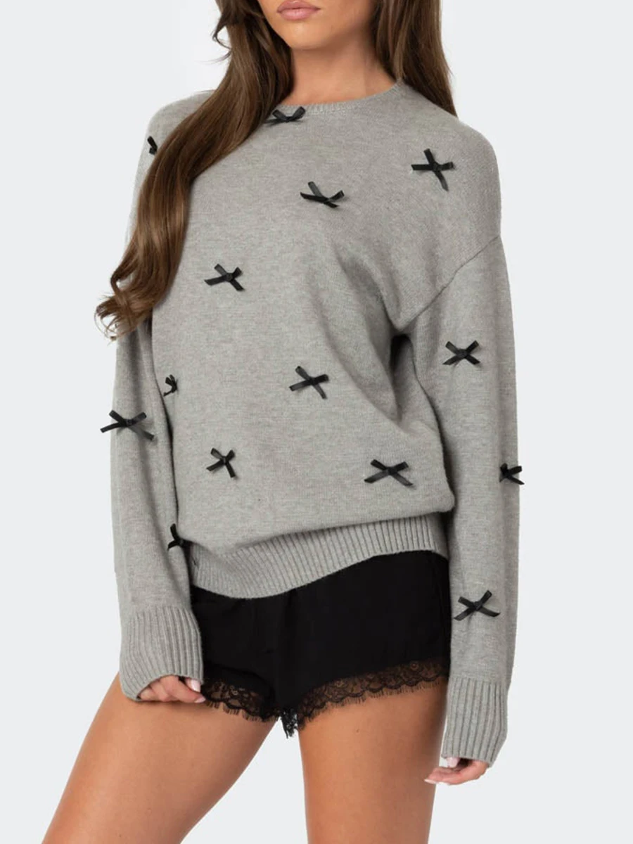 Women s Autumn Knitted Sweater O-Neck Long Sleeve Bow Patch Pattern Solid Color Casual Cozy Soft Fashion Tops