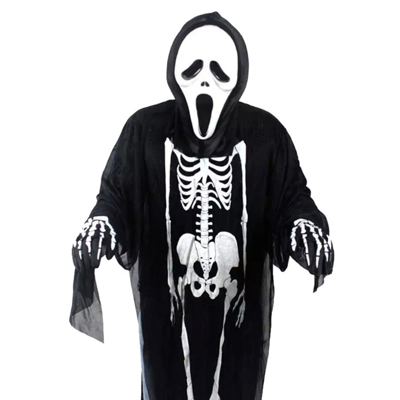 Kostum Cosplay Kerangka Tengkorak Halloween Jubah Hantu Menakutkan dengan Cetak Tulang Depan untuk Jubah Pesta Karnaval Dewasa