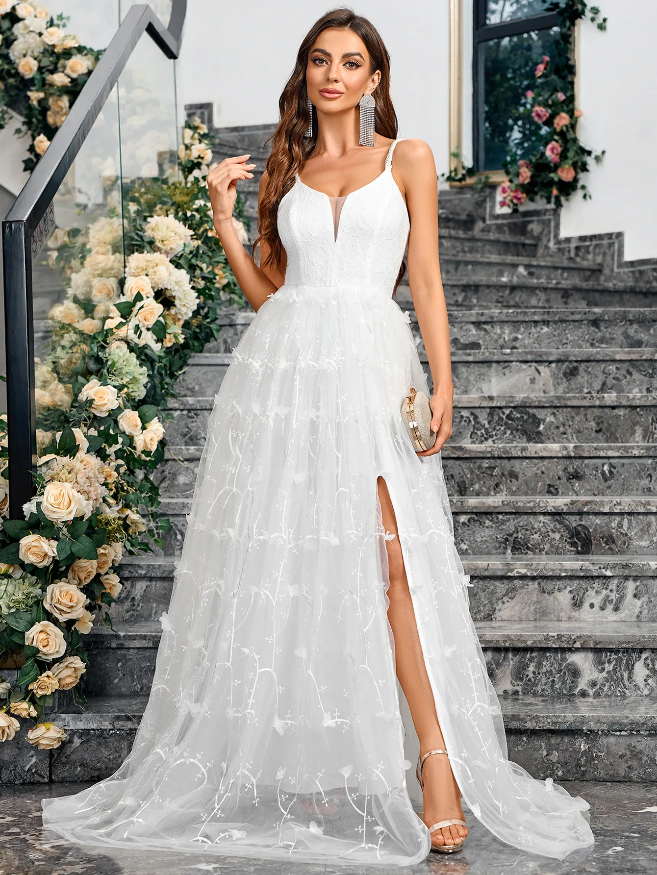 Suspensórios de renda sem costas para mulheres, design sexy com gola V, vestido branco elegante, vestido vintage, jardim, casamento, festa romântica