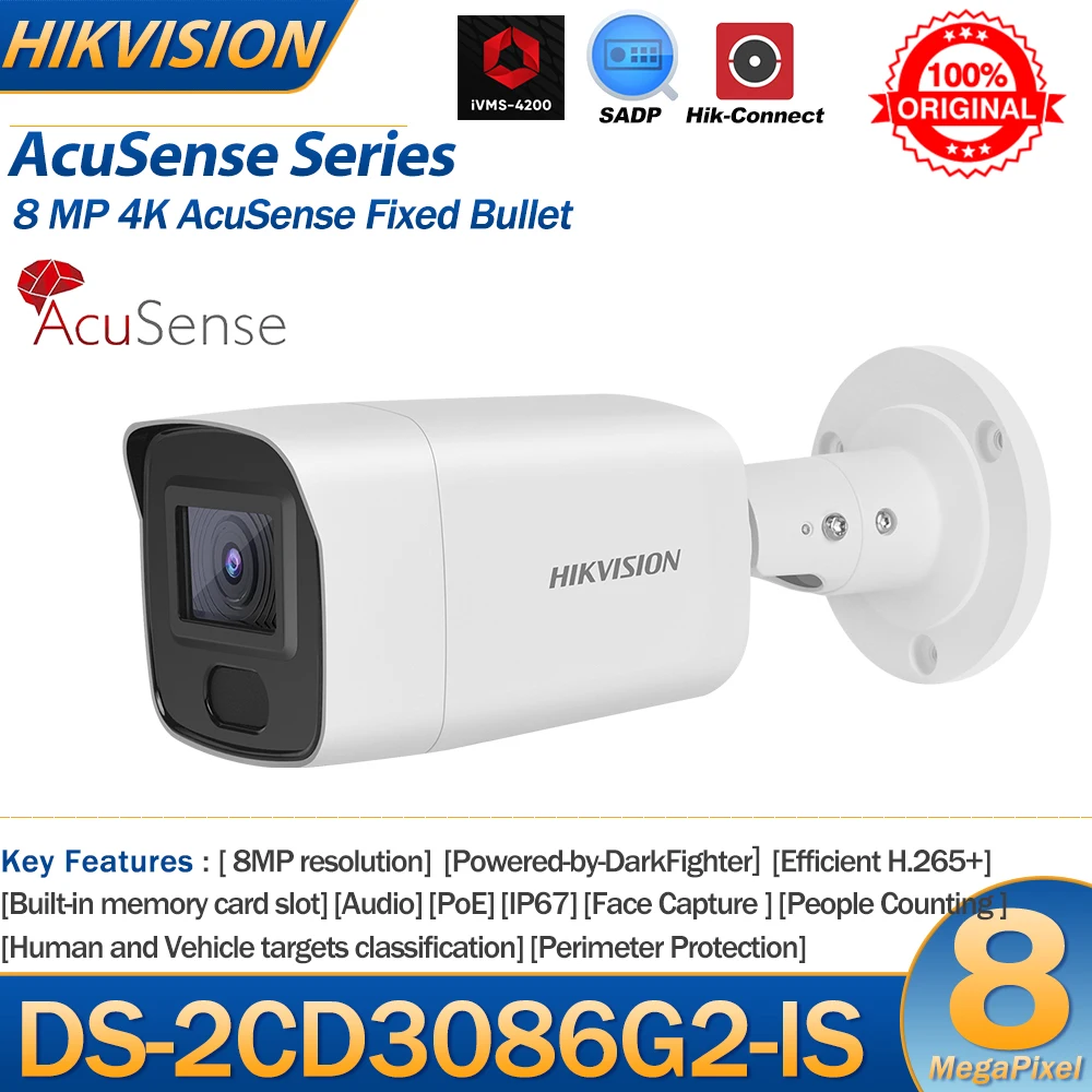 

Hikvision IP Camera 8MP DS-2CD3086G2-IS 4K AcuSense Bullet PoE IR DarkFighter Human Vehicle Classification HEOP SD Card Slot