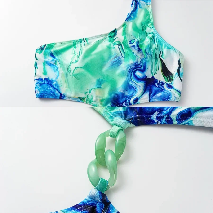 Blue Green Fantasy Floral print Acrylic Chain One Piece Swimsuit  Swimwear Bikini  Set Women Beachwear Luxury Bathing Suit