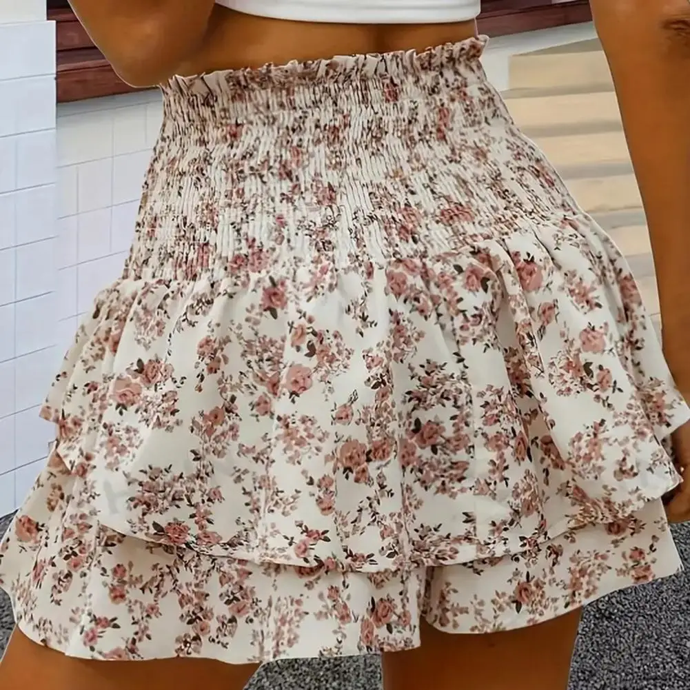 Summer Women Shorts Multi-layered Floral Print Shirring Ruffle Patchwork Elastic High Waist Fake Skirt Lady Mini Pants