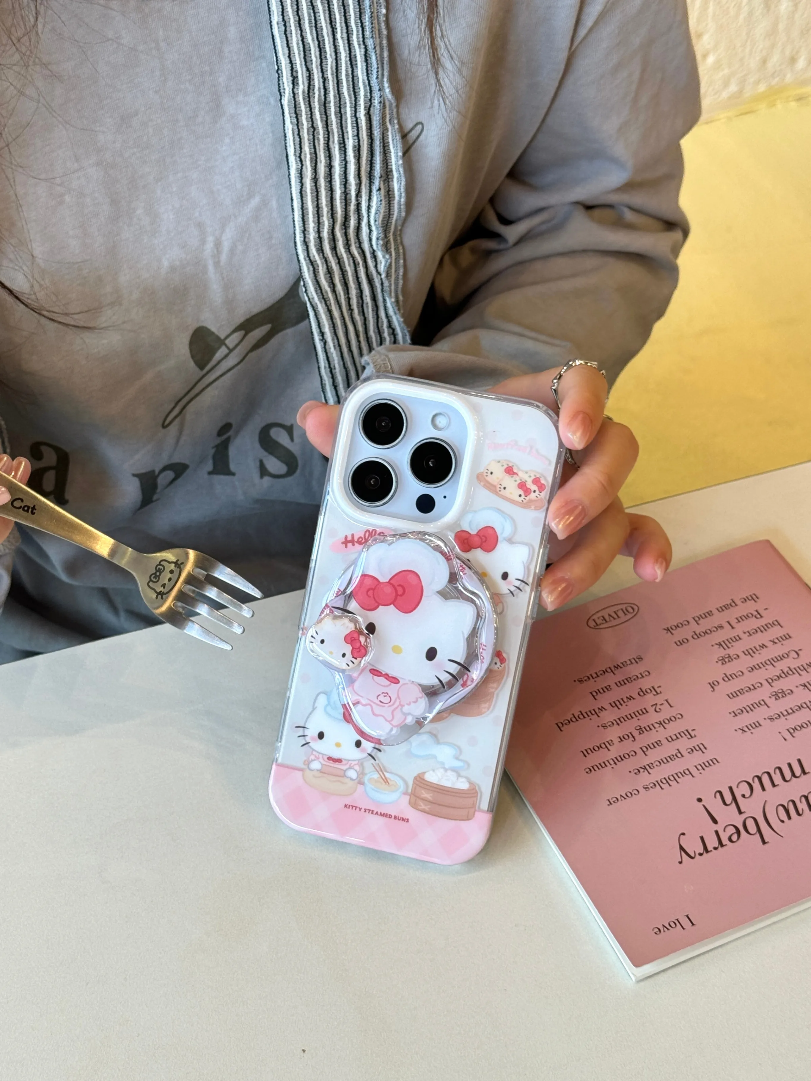 Cute Hello Kitty Dim Sum Phone Case With Matching PopSocket For iPhone 14/15/16/17, Kawaii Pink Clear Shockproof Protective Cove - view 2