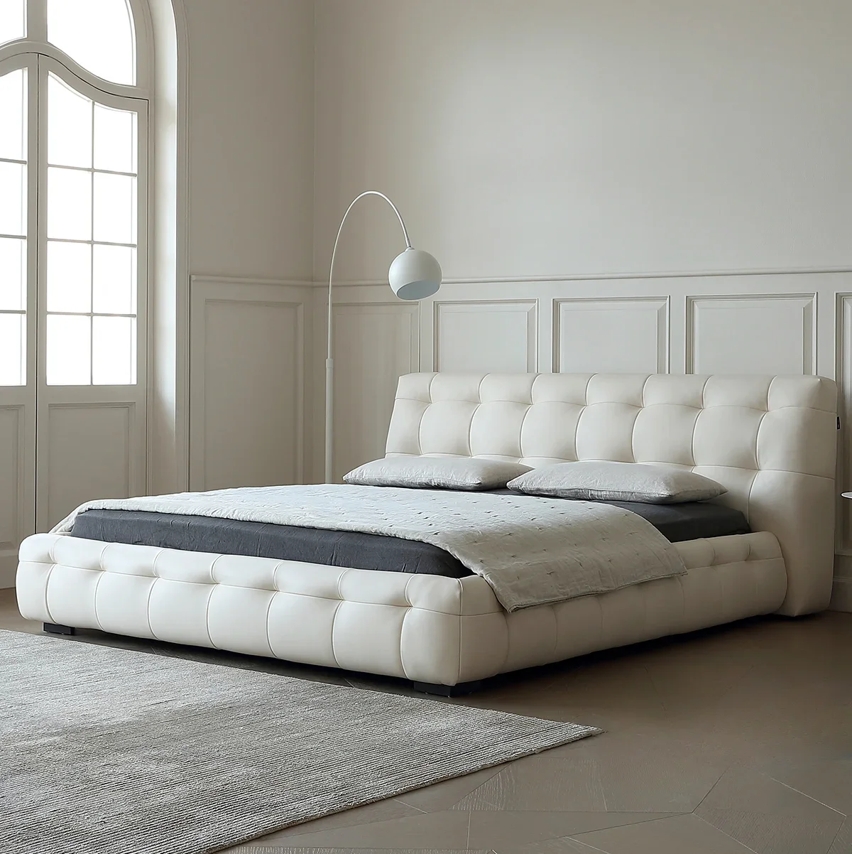 

Light French Marshmallow Fabric Double Bed Simple White Master Bedroom Lamb Fleece Soft Upholstery With Wooden Frame