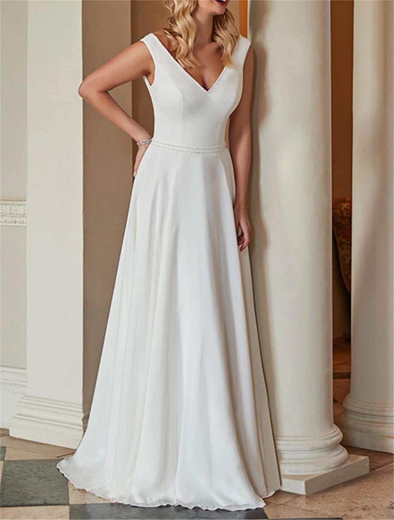 

Simple White Wedding Dress Pearl Belt Prom Party Gown Chiffon V-Neck Sleeveless Backless Summer New Elegance Brush Tailing Make