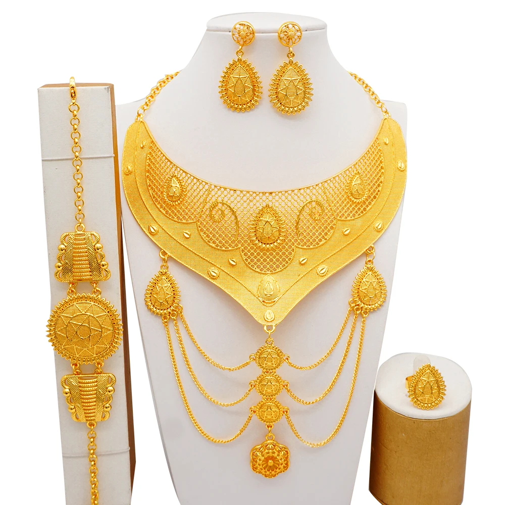 

Dubai 24k Golden Big Jewelry Sets for Women Fashionable Gold Plated Necklace Rings Earrings And Necklace Set