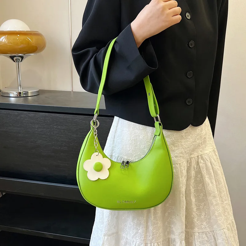 Fashion Shoulder Bag for Women Leather Half Moon Underarm Bag 2023 Luxury Designer Handbag Flower Pendant Casual Crossbody Purse image 6