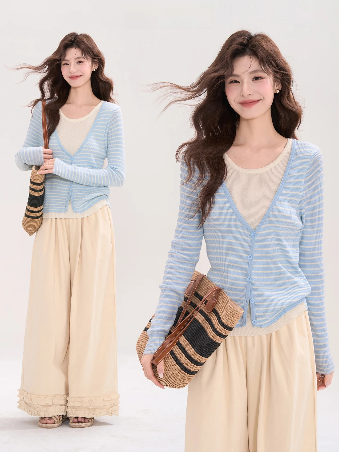 

Вязаный кардиган Heme с длинными рукавами, женский, для повседневной носки, стройнящий, в полоску, имитация двухслойности, для прохладных утренних дней