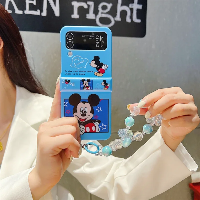 Cute Cartoon Disney Mickey Minnie Mouse Phone Case For Samsung Galaxy Z Flip 6 5 Hard Back Cover For Z Flip 3 4 With Lanyard