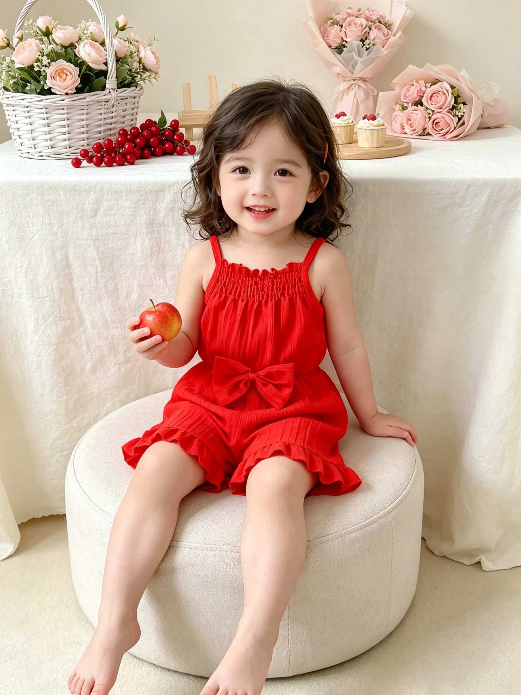 Lässiger, eleganter Overall für Kinder mit Rundhalsausschnitt, Trägern, einfarbig, mit Schleife an der Taille, Shorts, bequeme Passform, Kinderoutfit – Detail 2